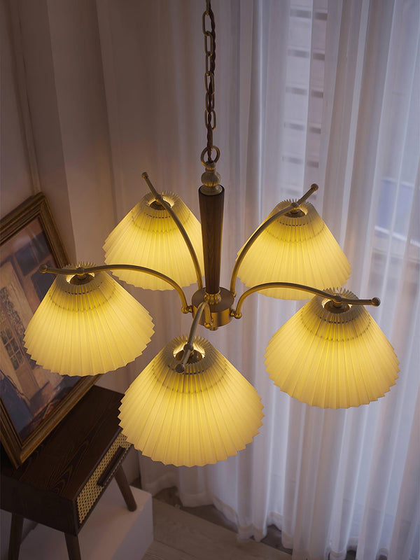beige pleated fabric brass ash wood chandelier