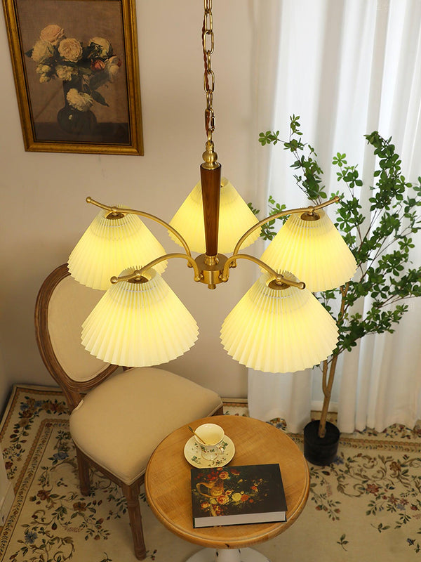 beige pleated fabric brass ash wood chandelier