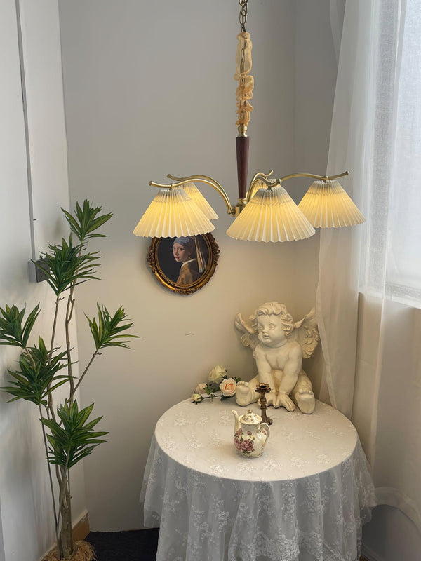 beige pleated fabric brass ash wood chandelier