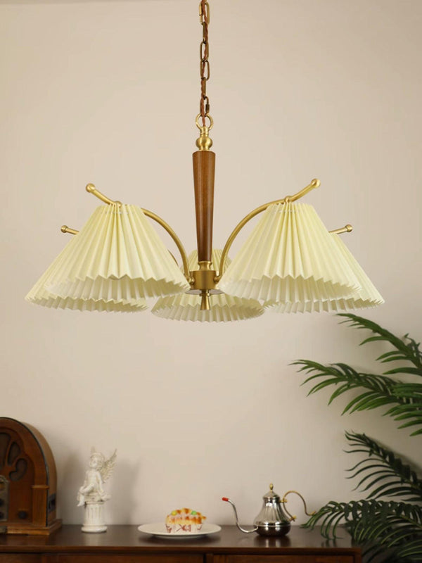 beige pleated fabric brass ash wood chandelier