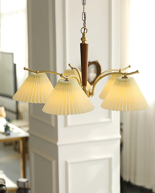 beige pleated fabric brass ash wood chandelier