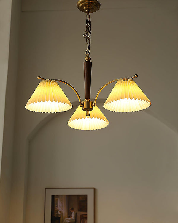 beige pleated fabric brass ash wood chandelier
