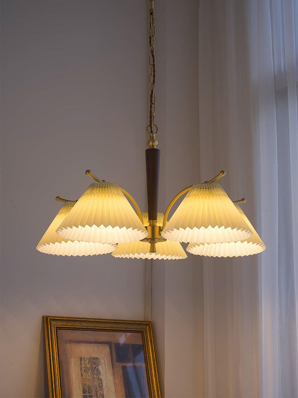 beige pleated fabric brass ash wood chandelier