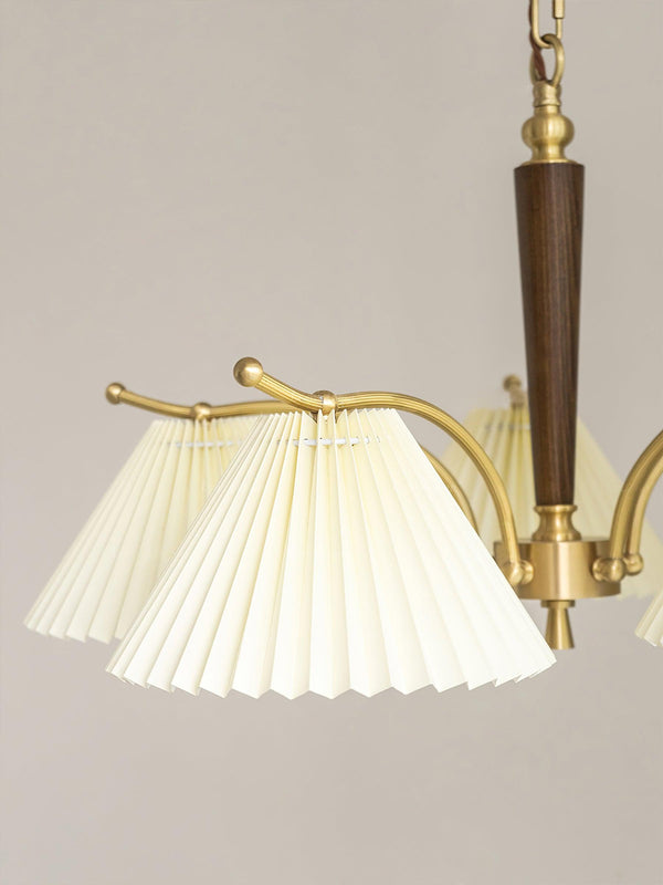 beige pleated fabric brass ash wood chandelier