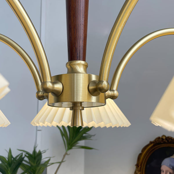 beige pleated fabric brass ash wood chandelier