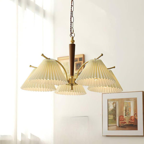beige pleated fabric brass ash wood chandelier