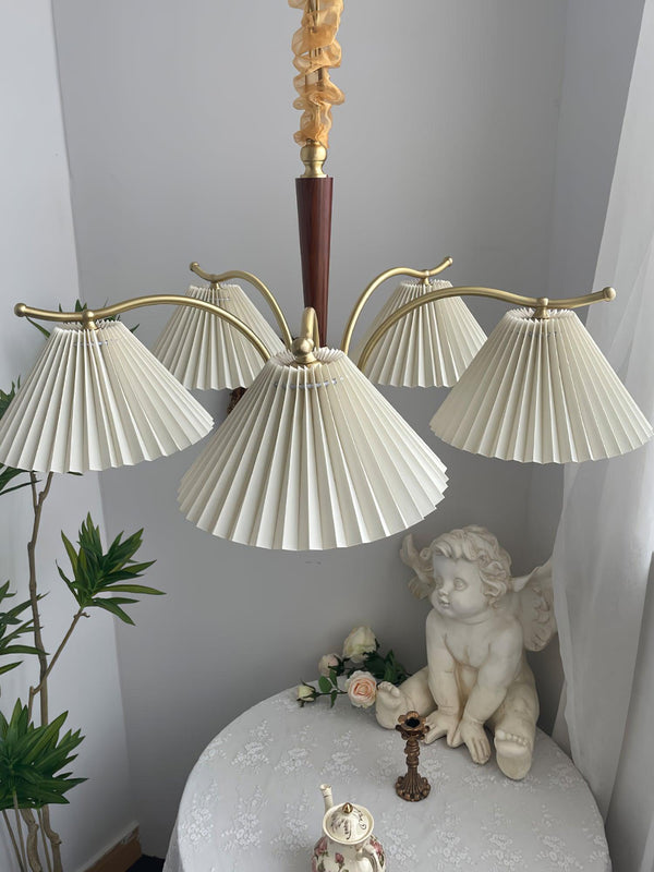 beige pleated fabric brass ash wood chandelier