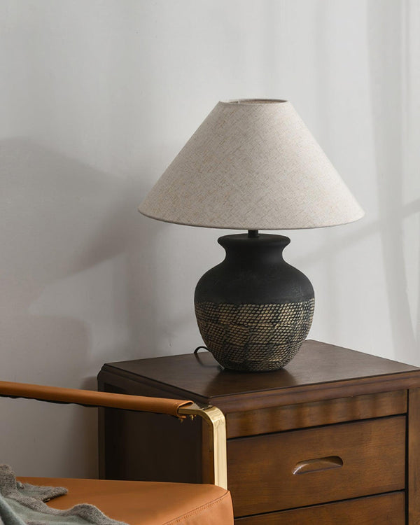 black ceramic table lamp beige fabric shade bedside reading