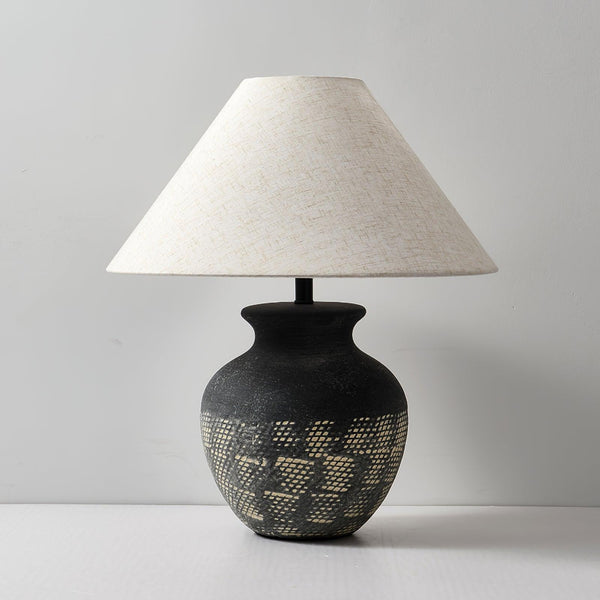 black ceramic table lamp beige fabric shade bedside reading