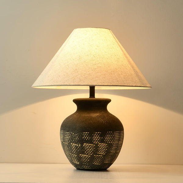 black ceramic table lamp beige fabric shade bedside reading