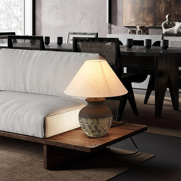 black ceramic table lamp beige fabric shade bedside reading