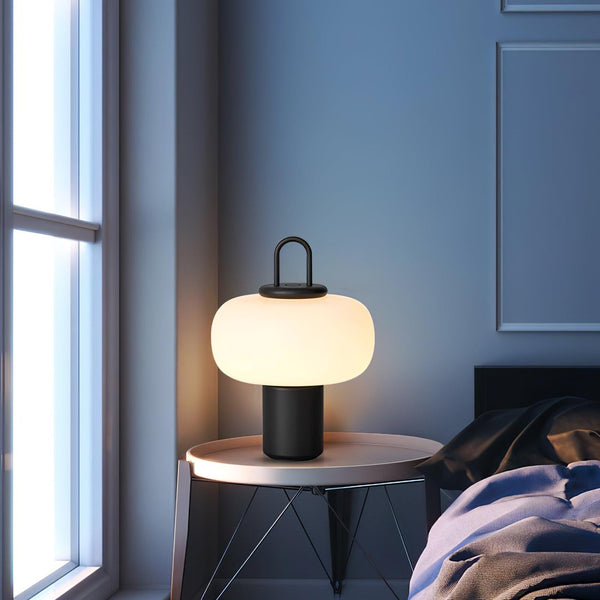 black metal glass table lamp with handle for bedside reading
