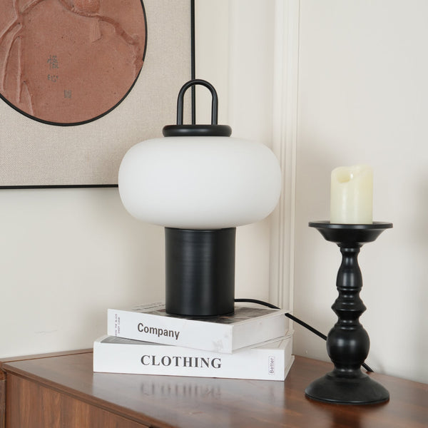 black metal glass table lamp with handle for bedside reading