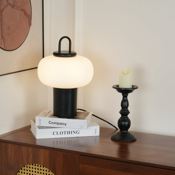 black metal glass table lamp with handle for bedside reading