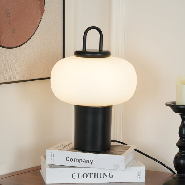 black metal glass table lamp with handle for bedside reading