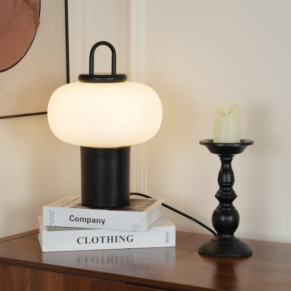 black metal glass table lamp with handle for bedside reading