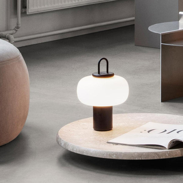 black metal glass table lamp with handle for bedside reading