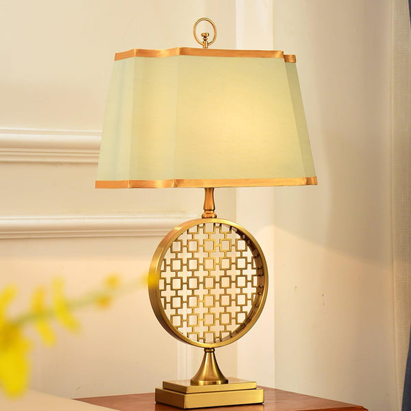 blue fabric shade gold table lamp for bedroom reading nook