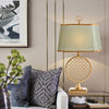 blue fabric shade gold table lamp for bedroom reading nook