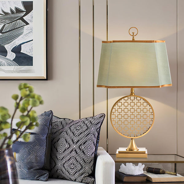 blue fabric shade gold table lamp for bedroom reading nook