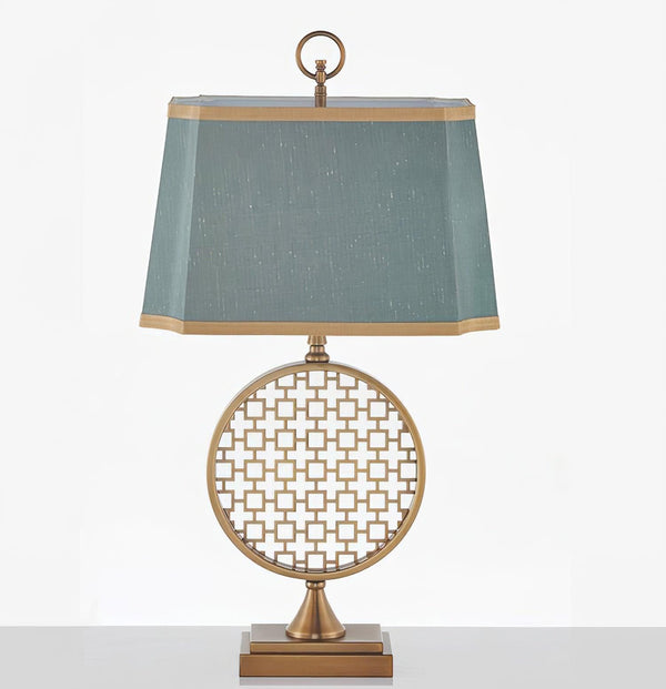 blue fabric shade gold table lamp for bedroom reading nook