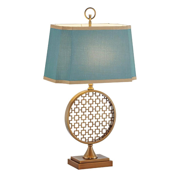 blue fabric shade gold table lamp for bedroom reading nook