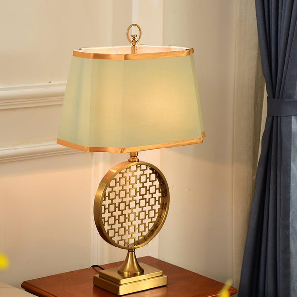 blue fabric shade gold table lamp for bedroom reading nook
