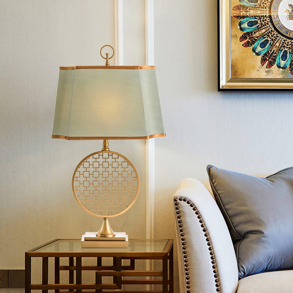 blue fabric shade gold table lamp for bedroom reading nook