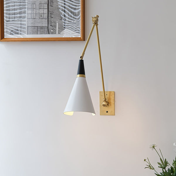 brass swing arm wall lamp with aluminum shade for bedroom and reading nook