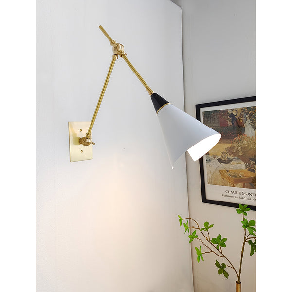 brass swing arm wall lamp with aluminum shade for bedroom and reading nook