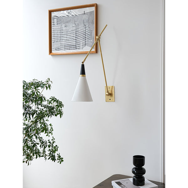 brass swing arm wall lamp with aluminum shade for bedroom and reading nook