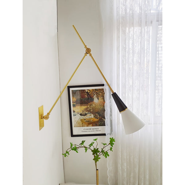 brass swing arm wall lamp with aluminum shade for bedroom and reading nook