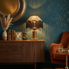 contemporary walnut brass leopard fringe table lamp