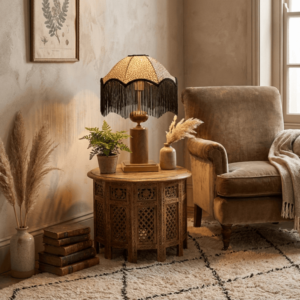 contemporary walnut brass leopard fringe table lamp