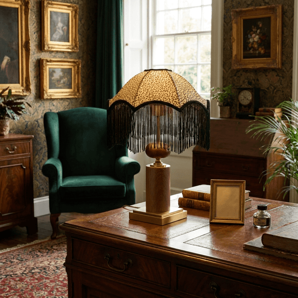 contemporary walnut brass leopard fringe table lamp