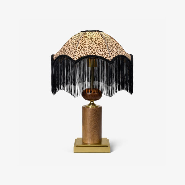 contemporary walnut brass leopard fringe table lamp
