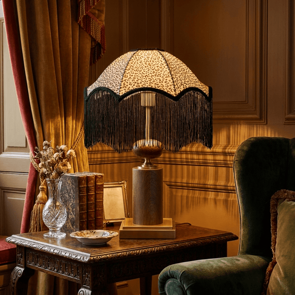contemporary walnut brass leopard fringe table lamp