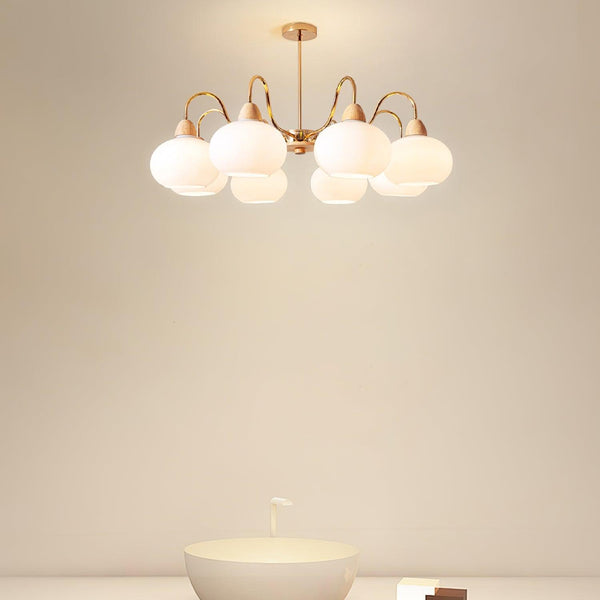 cream glass persimmon chandelier gold wood dining room