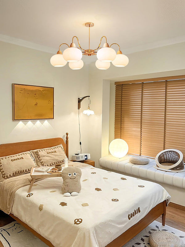 cream glass persimmon chandelier gold wood dining room
