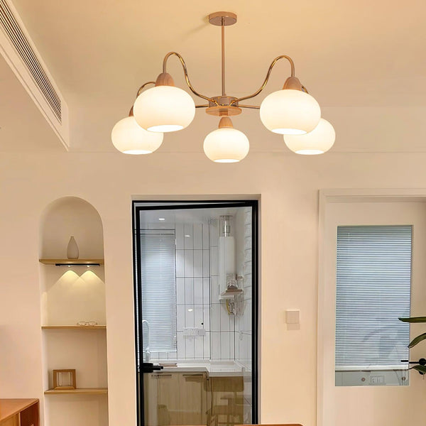 cream glass persimmon chandelier gold wood dining room