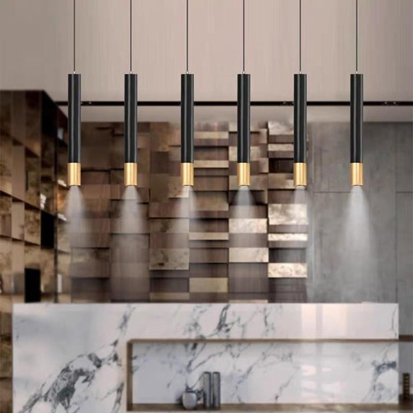 Elongated Cylinder Black And Gold Metal Shade Led Modern Pendant Light Island Hanging Lights