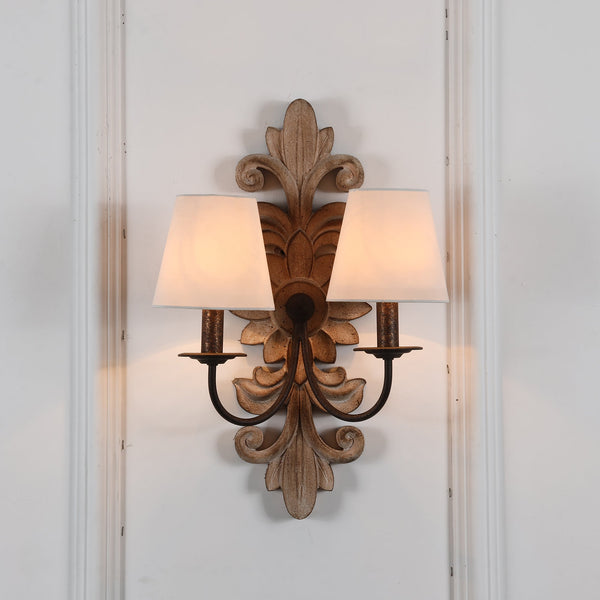 farmhouse distressed white wood fabric wall sconce