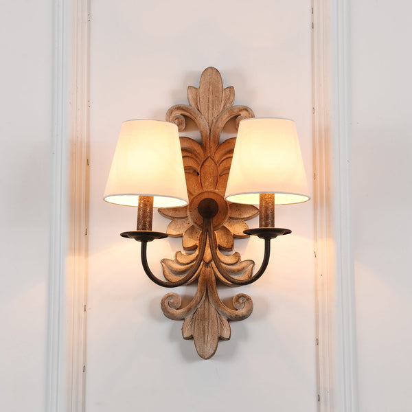 farmhouse distressed white wood fabric wall sconce