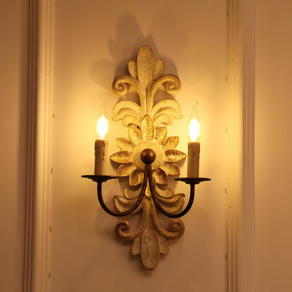farmhouse distressed white wood fabric wall sconce