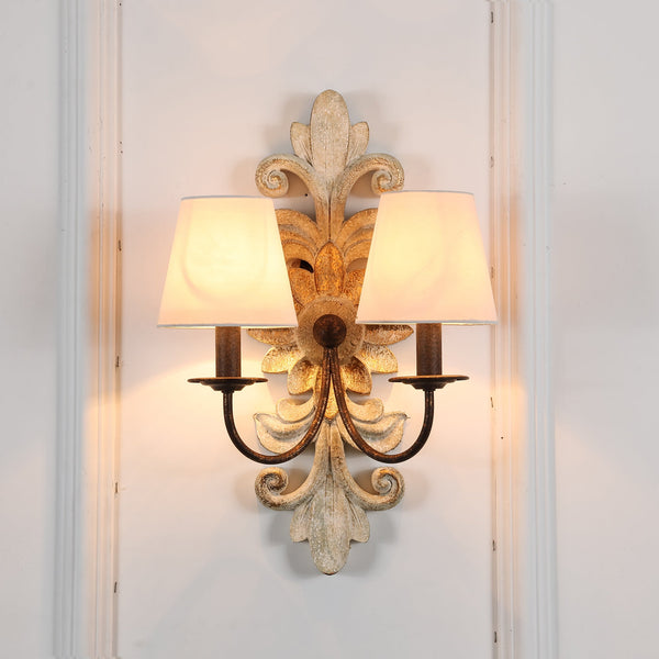 farmhouse distressed white wood fabric wall sconce