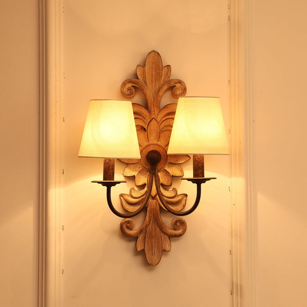 farmhouse distressed white wood fabric wall sconce