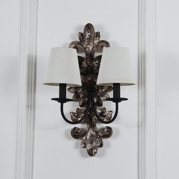farmhouse distressed white wood fabric wall sconce