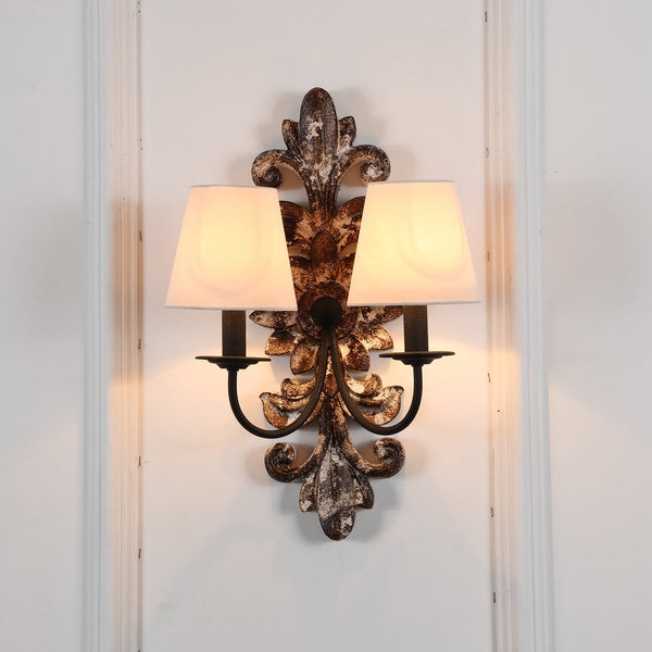 farmhouse distressed white wood fabric wall sconce
