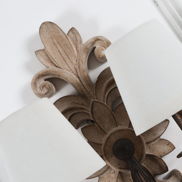 farmhouse distressed white wood fabric wall sconce
