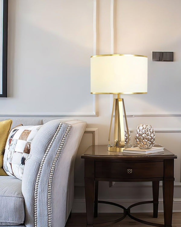 gold iron table lamp white fabric drum shade bedroom living room